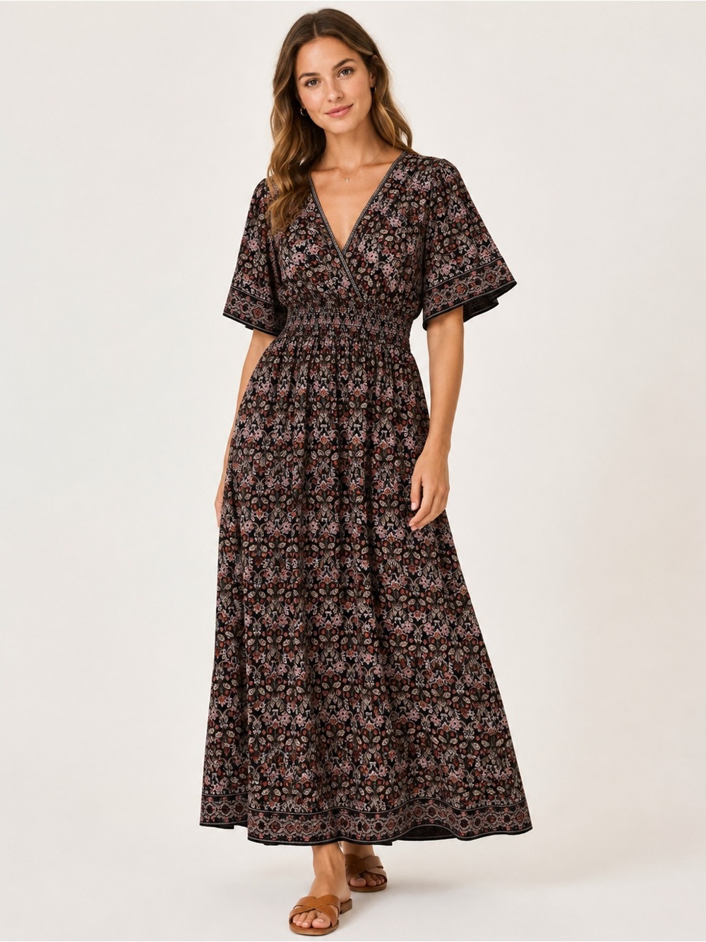 Max Studio Black Floral V-Neck Smocked Maxi Dress